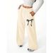 Women's High Waist Wide Leg Pants With Adjustable Drawstring, Pockets & Bow Print - Comfortable Casual Palazzo Trousers_ecoleips.com