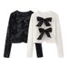 Trendy 3D Bow-Trim Short Jacket For Women - Glitter Detailing, A-Line Silhouette, Polyester-Spandex Blend (XS/S/M/L, Black/Red/Cream/Silver)_ecoleips.com