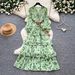 Women's French Retro Floral Dress V Neck Long Sleeve Summer Korean Style Slimming Ruffled Cake Skirt Romantic Temperament_ecoleips.com