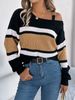 Contrasting Striped Lantern Sleeve Metal Buckle Off-Shoulder Pullover Sweater Women's Clothing_ecoleips.com