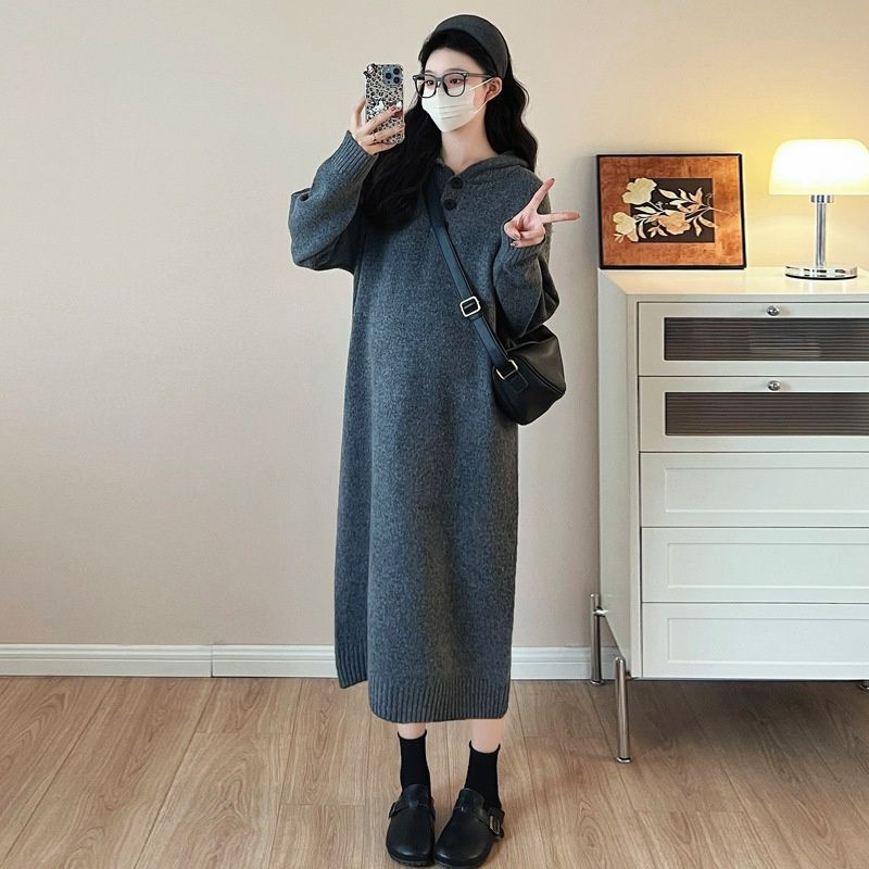 Autumn New Korean Fashion Thickened Plus Size Hooded Maternity Dress_ecoleips.com