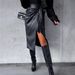 PU Leather Skirt Mirror Leather Matte Leather Knotted Slit Sexy Spicy Girl Mid Length Skirt For Women_ecoleips.com