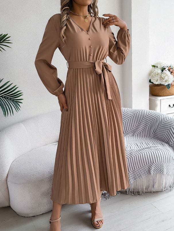 2026 Spring/Summer Elegant V-neck Buttoned Tie-Waist Pleated Long Dress Women's Clothing_ecoleips.com