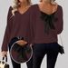 European And American Women's V-Neck Solid Color Sweater Autumn New Long Sleeve Casual Loose Bowknot Top For Women_ecoleips.com