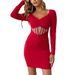 Cross-Border Elegant V-Neck New Elastic Slim Long Sleeve Red Vintage Short Dress For Women_ecoleips.com