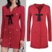 Women's French-Inspired Knitted Dress - Slimming High Waist With Diamond Buttons & Bow Tie (Red, Autumn/Winter Collection)_ecoleips.com