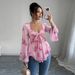 Voya Women's Spring And Summer New Style Pink Floral Bow Tie Tied Trumpet Sleeves Slim Fit Short Chiffon Top_ecoleips.com