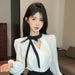 French-style Bow Tie Contrast Color V-neck Shirt For Women, New Autumn Korean-style Outfit High-end Feel, Paired With A_ecoleips.com