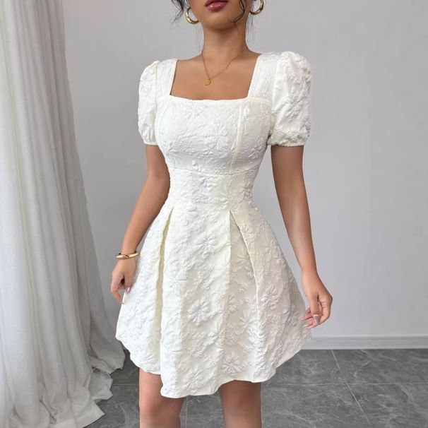 Summer Slim Fit Elegant Women's Dress Style Solid Color Jacquard Puff Sleeve Square Neck French Style Vacation Dress_ecoleips.com