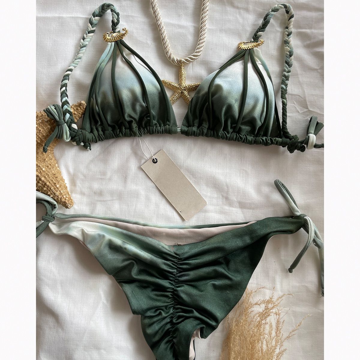 Women's Clothing Tie Dye Bikini Sexy Triangle Cup Drawstring Strap Two Piece Swimsuit Regular Fit Polyester_ecoleips.com