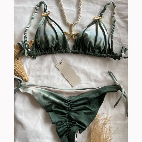 Women's Clothing Tie Dye Bikini Sexy Triangle Cup Drawstring Strap Two Piece Swimsuit Regular Fit Polyester_ecoleips.com