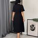 Elegant V-Neck A-Line Midi Dress With Side Slit & Elastic Waist For Women, Chic Solid Color Casual & Office Wear_ecoleips.com