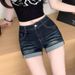 American-style Cuffed Denim Shorts, Ultra-short, Spring Fashion For Girls, High-waisted, Rolled Hem, Slimming, Dark_ecoleips.com