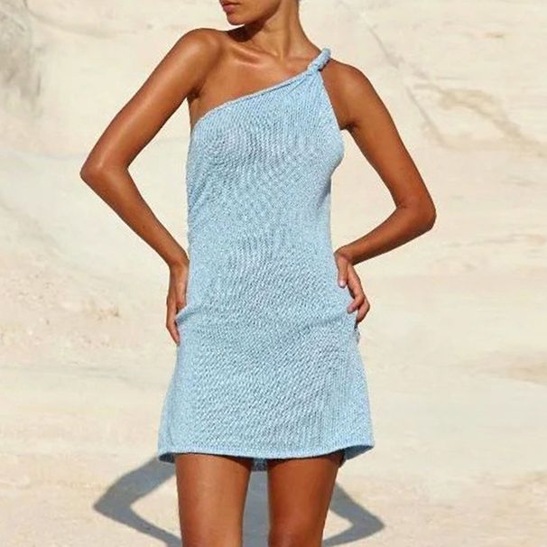 Women Sexy Sleeveless Cover Up Beach Dress Fashion Asymmetrical Knitted Party Dress Elegant Slanted Shoulder Hollow Mini Dress_ecoleips.com