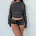 American Style Spicy Girl Striped Long Sleeve T-Shirt Women, Loose Casual Waist-Cinching Slimming Short Off-Shoulder Top_ecoleips.com