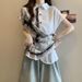 Elegant Chinese-style Printed Patchwork Short-sleeve Shirt For Women, 2025 Summer, Plus Size, Irregular, Light Luxury,_ecoleips.com