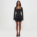 Voya Unique Design Black Top For Women With Square Neckline, M-shaped Metal Buckle, Pleated Details, Slightly Flared Long_ecoleips.com
