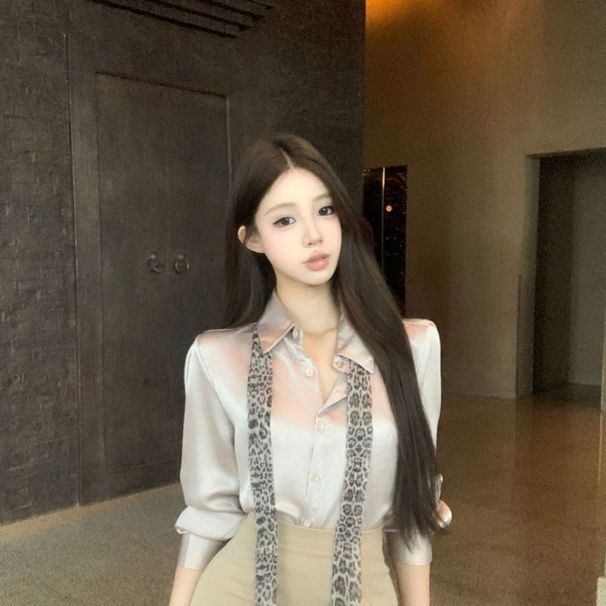 Elegant Satin Long-sleeve Loose-fitting Shirt, New Autumn Khaki Slimming Bodycon Short Skirt Two-piece Set_ecoleips.com