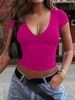 Women's Slim Fit V Neck Short Sleeve T-Shirt Y2K Fashion 2025 New Cross Border Sexy Hot Item_ecoleips.com