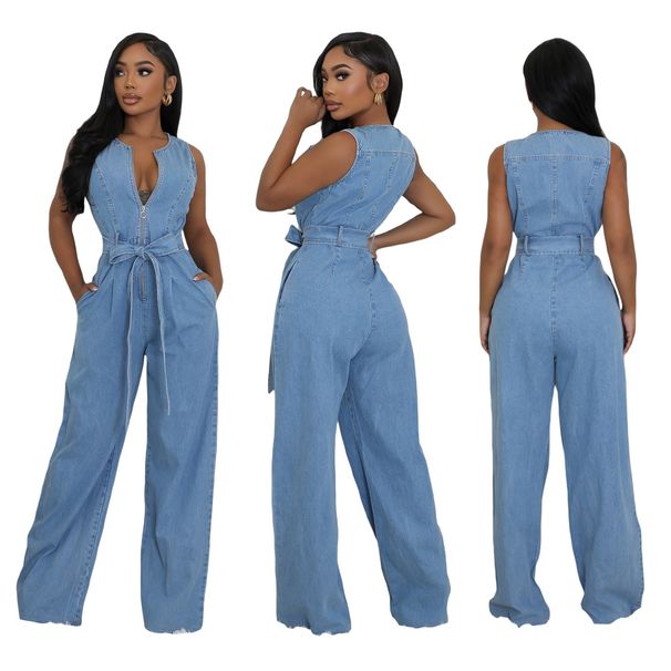 Women's Clothing Tight Waist Slim Elastic Washed Denim Jumpsuit_ecoleips.com