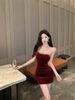 Sexy Street Style Single Strap Diamond Trim Bustier Dress Slimming Wrap Around Skirt Women's Fashion High Waist Velvet Dress_ecoleips.com
