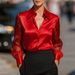 Women's Satin-Blend Oversized Shirt – Minimalist Long Sleeve With Contrast Panels (S-XXL, Red/Black/White/Navy)_ecoleips.com