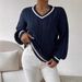 Chic Contrast Cable Knit Sweater For Women - Oversized V-Neck Long Sleeve Pullover With Lantern Sleeves, Soft Acrylic Blend, Autumn Winter Essential_ecoleips.com