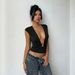 European And American Style Deep V-neck Metal Ring Decoration Waist Slim Spice Girl Exposed Navel Short Top_ecoleips.com