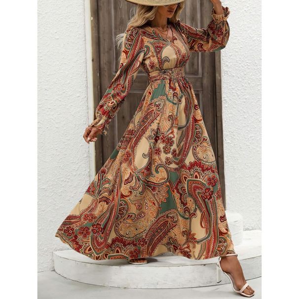 Women's Clothing Printed V Neck Long Sleeve Swing Fashionable All Match Dress_ecoleips.com