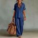 Women's 3D Textured V-Neck Tunic And Palazzo Pants Set Loose Fit Breathable Linen-Like Outfit in Black Matcha Royal Blue Camel Yellow White_ecoleips.com