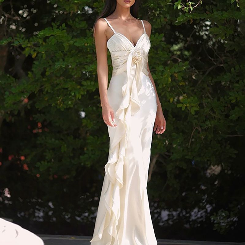 Summer Simple Sleeveless Slim Fit Banquet Dress Cocktail Party Solid Color Elegant Dress Women's Sexy V-Neck Ruffled Robe Dress_ecoleips.com