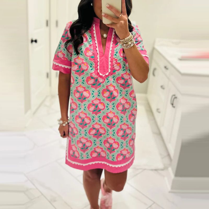 Summer Short Sleeve Beach Dress Womens Fashion Floral Print Straight Party Dress Spring Casual V Neck A-Line Office Ladies Dress_ecoleips.com
