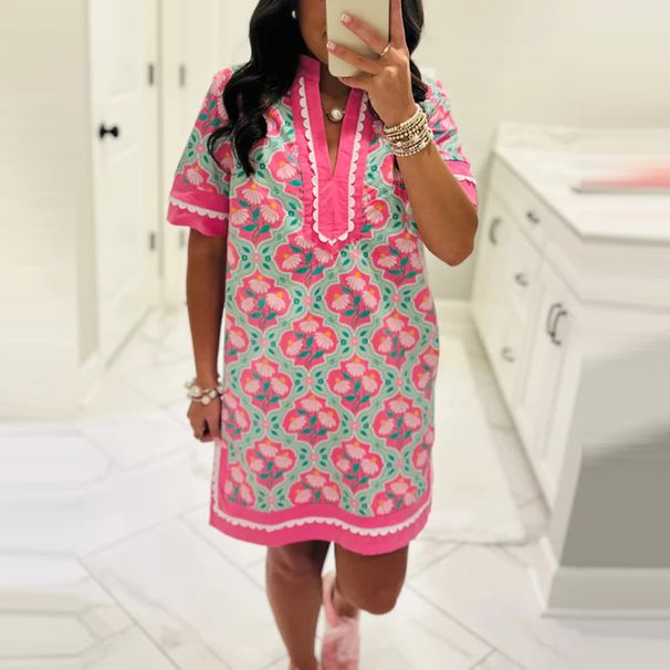 Summer Short Sleeve Beach Dress Womens Fashion Floral Print Straight Party Dress Spring Casual V Neck A-Line Office Ladies Dress_ecoleips.com