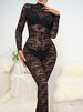 K European And American Style New Sexy Hot Girl Black Lace Hollow Out Perspective Long Sleeved Temperament Slim Fitting Jumpsuit. No Accessories_ecoleips.com