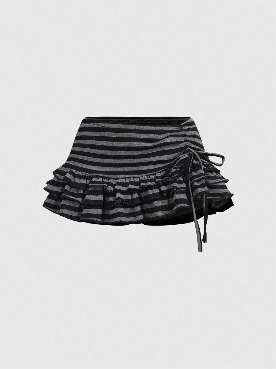 Striped Color Block A-Line Mini Skirt Japanese Korean Style Sexy Fashion Y2K Hot Girl Versatile Drawstring New Style Women's Bottoms_ecoleips.com