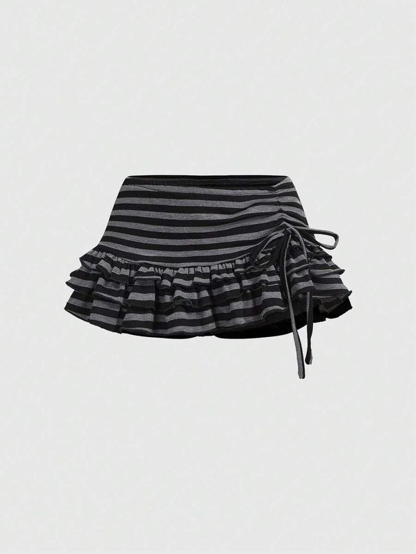 Striped Color Block A-Line Mini Skirt Japanese Korean Style Sexy Fashion Y2K Hot Girl Versatile Drawstring New Style Women's Bottoms_ecoleips.com