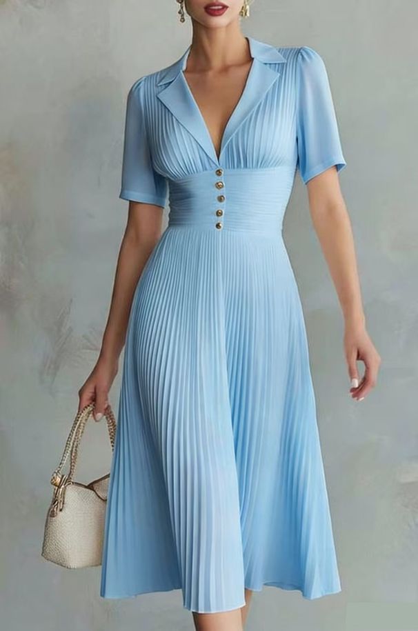 Women's Polo Collar Long Sleeve Dress Chiffon Top Pleated_ecoleips.com