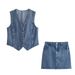 Zatrax2025 New Women's Fashion Sleeveless Short Denim Vest High Waist Skirt_ecoleips.com