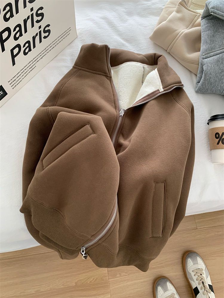 Women's Clothing Fleece-Lined Zip-Up Hoodie - Cozy Winter Pullover With Stand Collar, Loose Fit Casual Outerwear For Daily Commute (Grey/Beige/Brown)_ecoleips.com