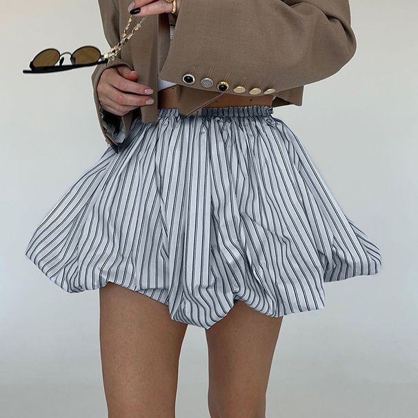 Women's High-Waisted French Pleated Skirt Striped Color Block Fluffy Short Skirt Style New_ecoleips.com