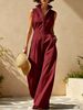 2026 Women's Casual Fashion Linen Jumpsuit V Neck Zipper Sleeveless European American Style Independent Website Exclusive New Arrival_ecoleips.com