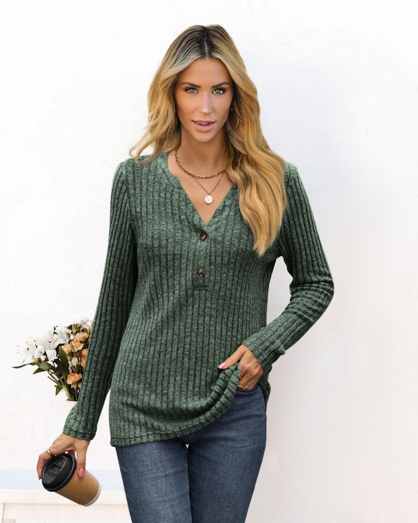 Women's Fashionable All-Purpose Long-Sleeve V-Neck T-Shirt With Buttoned Collar And Loose Fit For Autumn/Winter_ecoleips.com