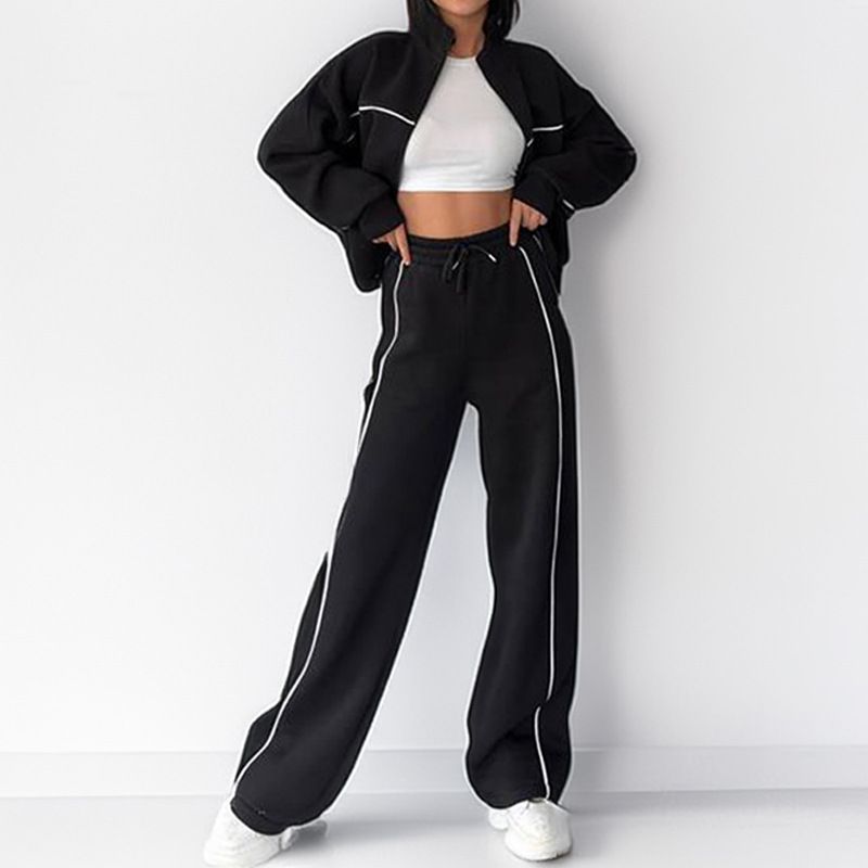 Summer Women's Casual Sports Sweatshirt Set Solid Striped Fashion European American Style Foreign Trade Clothing_ecoleips.com
