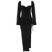 New Arrival Elegant Long Sleeve Lace Up Waist Cinching Backless Cut Out Slit Bodycon Dress For Women Formal Occasions_ecoleips.com