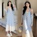 Summer New Korean Style Blue Strap Cardigan Two-Piece Set Maternity Dress_ecoleips.com