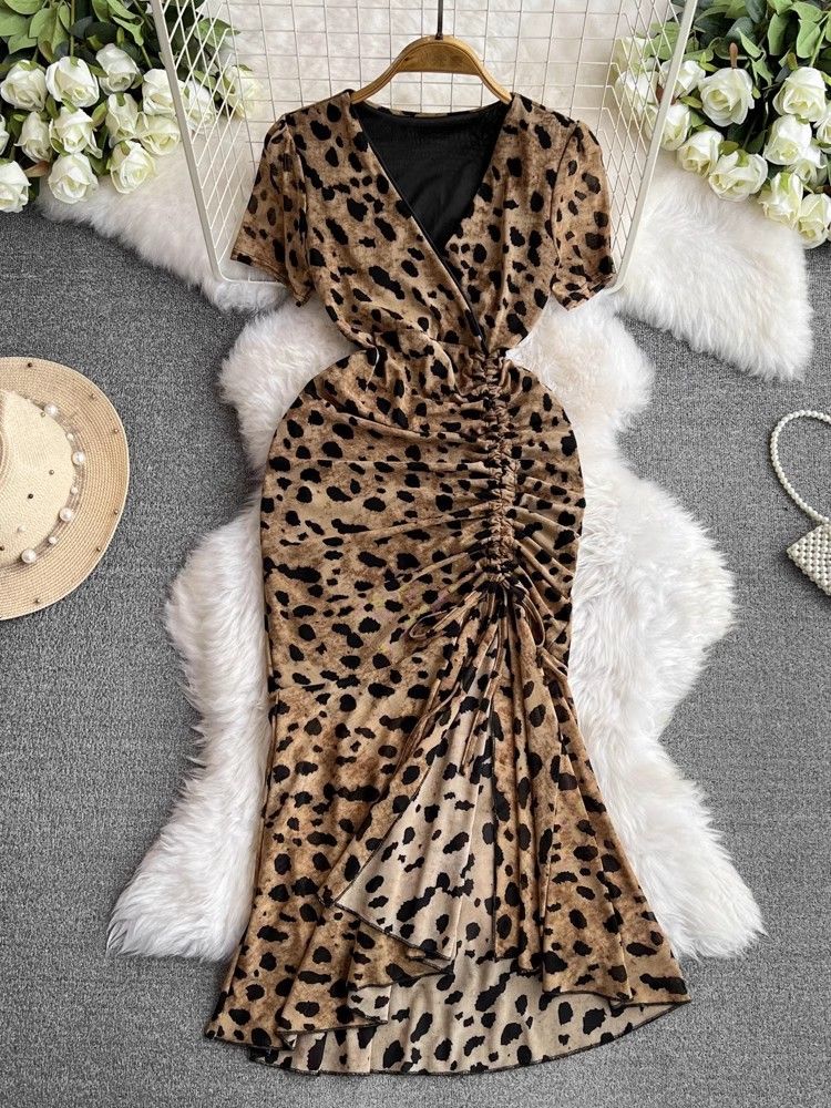 Leopard Print Slim Fit Dress for Women V Neck Long Sleeve Sexy Summer Style with Slit Waist Medium Length Hip Skirt_ecoleips.com