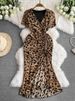 Leopard Print Slim Fit Dress for Women V Neck Long Sleeve Sexy Summer Style with Slit Waist Medium Length Hip Skirt_ecoleips.com