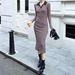 Women's Knit Dress Autumn New Arrival Polo Collar Pleated Waist Irregular Slit Striped Long Sleeve Dress_ecoleips.com