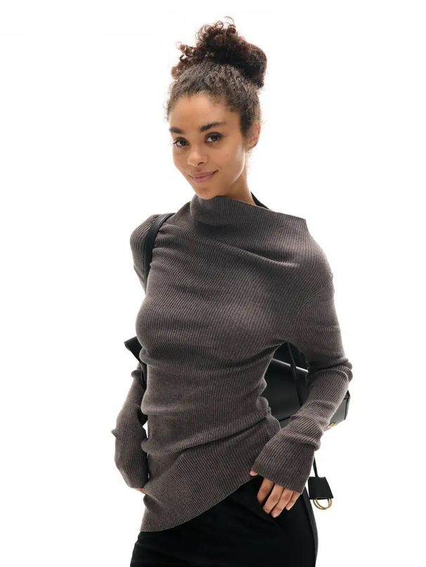 Elegant Long High-Neck Knit Sweater With Scarf Collar & Curved Hem - Versatile Layering Staple For Women_ecoleips.com