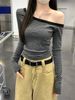 Design Slanted Shoulder Striped Long-sleeved T-shirt Women's Autumn New Off-shoulder Slim-fitting Casual Versatile Top_ecoleips.com
